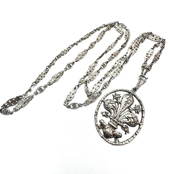 Antique Italy Unsigned Peruzzi Gothic Fleur De Lis Pendant Chain 800 Silver - Picture 2 of 5
